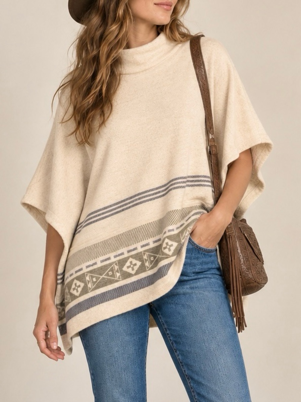 Faherty Large Southwestern Poncho Sweater Cream Gray Oversized Dolman Knit